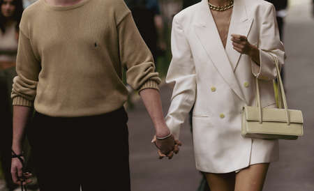 Milan, Italy - September 22, 2021:  Street style outfit, fashionable couple on the streets of Milan, Italy.のeditorial素材