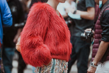 Milan, Italy - September 25, 2021:  Street style outfit, woman wearing a fashionable outfit on the streets of Milan, Italy.のeditorial素材