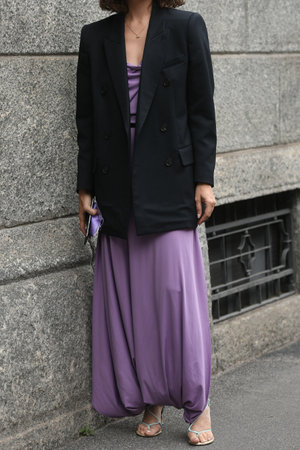 Milan, Italy - September 25, 2021:  Street style outfit, woman wearing a fashionable outfit on the streets of Milan, Italy.のeditorial素材