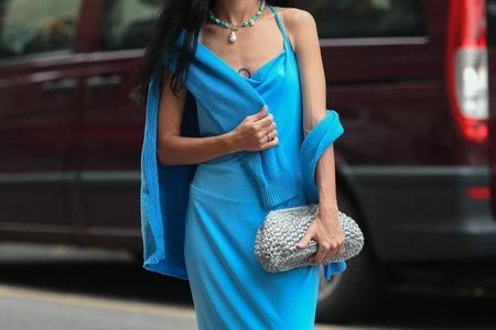 Milan, Italy - September 25, 2021:  Street style, fashionable outfit, detail on the streets of Milan, Italy.のeditorial素材