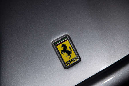 Bucharest, Romania - January 11, 2019: Ferrari logo on a grey Ferrari sport car in Tiriac Collection Museum.のeditorial素材