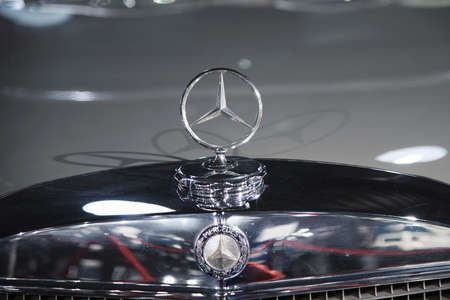 Bucharest, Romania - January 11, 2019: Closeup of vintage Mercedes logo on front car in Tiriac Collection Museum.のeditorial素材