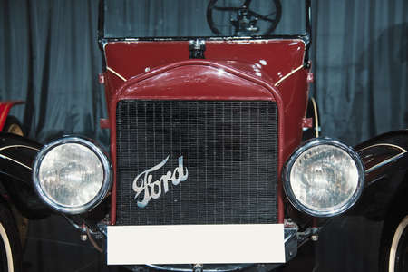 Bucharest, Romania - January 11, 2019: Old Ford logo in detail, from a Speedster T model, presented...