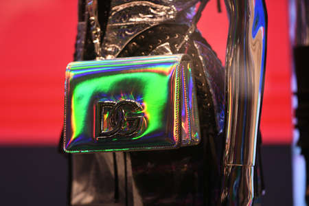 Milan, Italy - September 24, 2021: Valentino luxury and fashionable handbag from new collection 2022, close up store show caseのeditorial素材