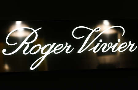 Milan, Italy - September 24, 2021: Roger Vivier logo displayed on a facade of a store in Milan.のeditorial素材