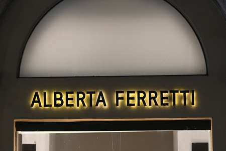 Milan, Italy - September 24, 2021: Alberta Ferretti logo displayed on a facade of a store in Milan.のeditorial素材