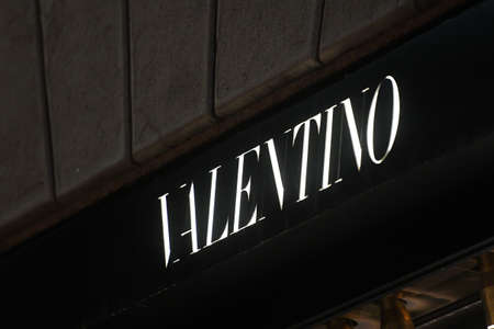 Milan, Italy - September 24, 2021: Valentino logo displayed on a facade of a store in Milan.のeditorial素材