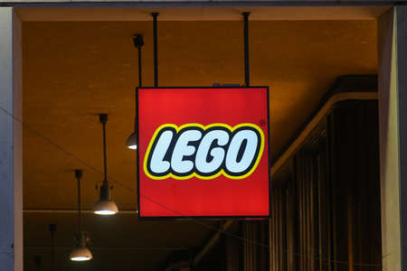 Milan, Italy - September 24, 2021: Lego logo displayed on a facade of a store in Milan.のeditorial素材