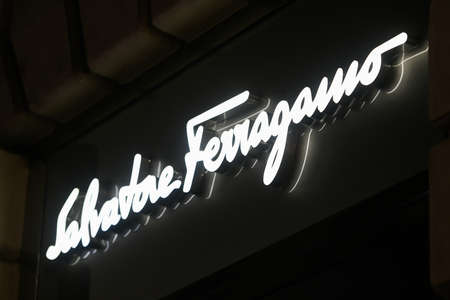 Milan, Italy - September 24, 2021: Salvadore Ferragamo logo displayed on a facade of a store in Milan.のeditorial素材