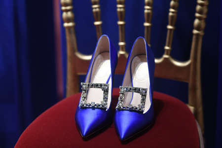 Milan, Italy - September 24, 2021: Luxury women shoes in a store.のeditorial素材