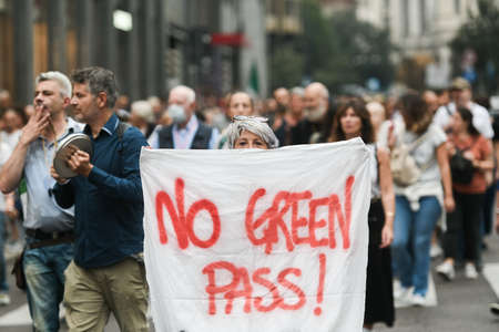 Milan, Italy - September 24, 2021: People protesting against the green pass in Milan.のeditorial素材