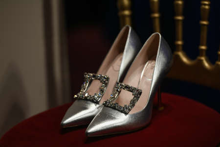Milan, Italy - September 24, 2021: Luxury women shoes in a store.のeditorial素材