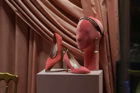Milan, Italy - September 24, 2021: Luxury women shoes in a store.のeditorial素材