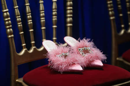 Milan, Italy - September 24, 2021: Luxury women shoes in a store.のeditorial素材