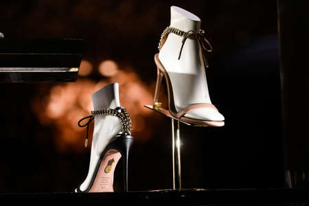 Milan, Italy - September 24, 2021: Luxury women shoes in a store.のeditorial素材