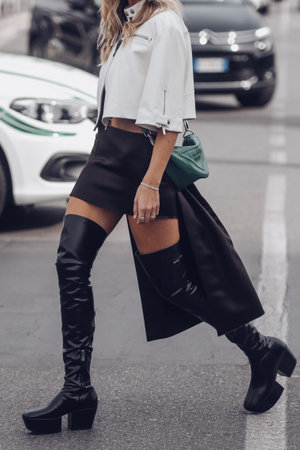 Milan, Italy - February, 24: Street style, woman wearing Prada skirt, boots, bag and cropped jacket.のeditorial素材
