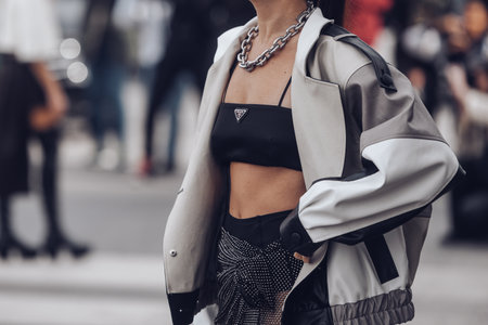 Milan, Italy - February, 24: Street style, woman wearing Prada outfit.のeditorial素材