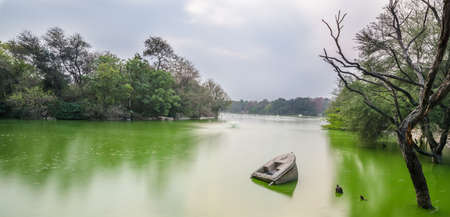 Wreckage of a boat at Hauz Khas Lakeの写真素材
