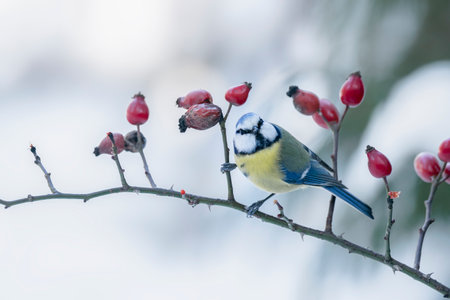 Eurasian Blue Tit (Cyanistes caeruleus) on a branch with red berries.