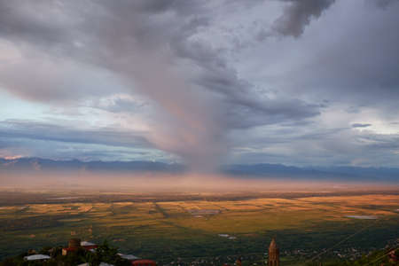 Bird eye on view on Alazani valley, clouds in the sky.の写真素材