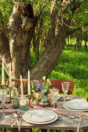 decor wedding dinner in nature in the gardenの写真素材