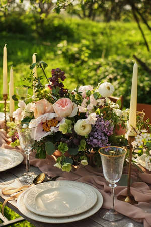 decor wedding dinner in nature in the gardenの写真素材