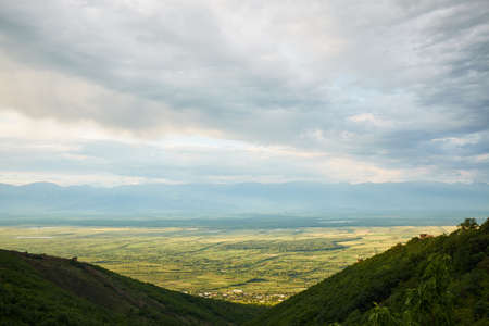 Bird eye on view on Alazani valley, clouds in the sky.の写真素材