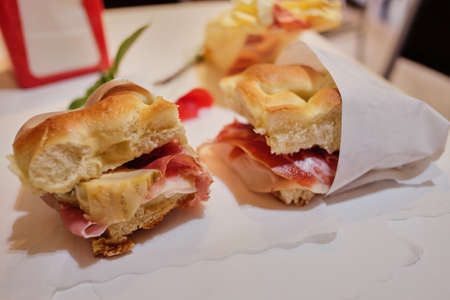 Traditional Italian focaccia. light Italian breakfast in a cafe, breakfast for twoの写真素材