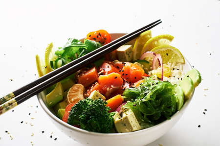 poke bowl with salmon islated on white background. side view