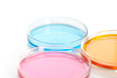 Petri dishes with a colored reagents, isolated on white