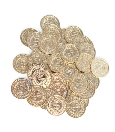 Scattered gold coins, isolated on white background  A great number of coins symbolise weath,...