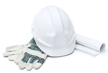 White hard hat, gloves, druft, isolated on white