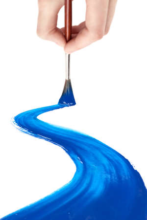 Hand draws blue curve line on white, isolatedの写真素材