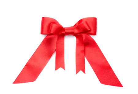 Red satin double gift bow, isolated on white. Symbol of party and happy holiday