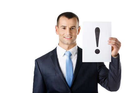 Businessman hands paper with exclamation mark, isolated on whiteの写真素材