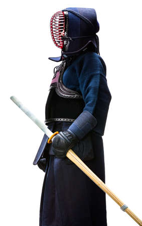Profile of equipped kendo fighter with shinai, isolated on whiteの写真素材