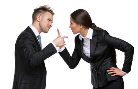 Two businesspeople debate, isolated. Concept of competition and job competitive promotion