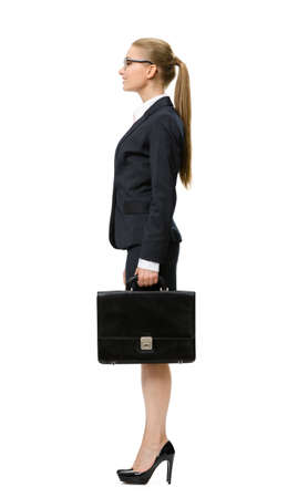 Profile of business woman handing suitcase, isolated on white. Concept of leadership and successの写真素材