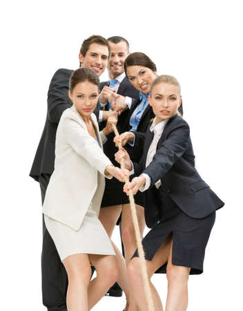 Group of managers pull the rope, isolated on white. Concept of teamwork and promotionの写真素材