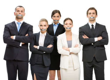 Group of managers with taped mouths and their hands crossed, isolated on white. Concept of slavery...
