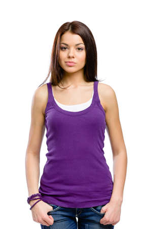 Half-length portrait of woman, isolated on whiteの写真素材