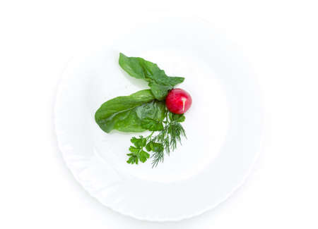 Close up of radish salad on plate, isolated on white. Concept of healthy lifestyle and dietingの写真素材