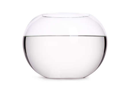 Close up of glass aquarium full of water, isolated on whiteの写真素材