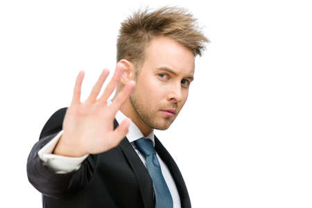 Portrait of business man stop gesturing, isolated on white