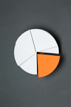 Close up of business pie chart, isolated on grey. One part of flow chart is yellow, copyspace