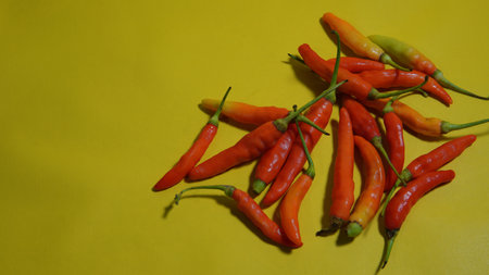some red chilies on a yellow background. Red and orange hot chili peppers on a yellow background...