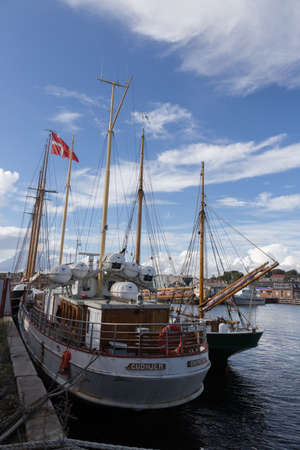 Motor ship in the ferry port of Svendborg, Fyn, Denmarkのeditorial素材
