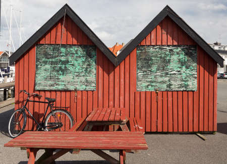 Two red huts with shuttered windows in Lohals, Langelandのeditorial素材