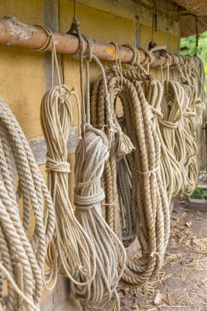 Different ropes hung from a wooden poleの写真素材