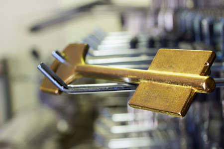 Blank golden key for cutting in a workshopの写真素材